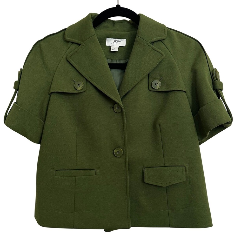 LOFT Ann Taylor Olive Green Short Sleeve Trench Jacket Blazer 2 Military